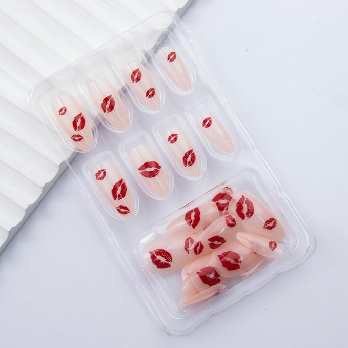 Almond Press on Nails Medium Valentine's Day Fake Nails Red Lipstick False Nails Glossy Full Cover Glue on Nail Reusable Acrylic Nails for Women Manicure 24Pcs