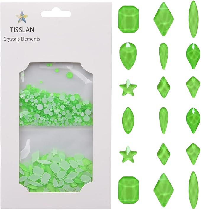 820pcs Neon Green Flatback Crystals Glass Mix Designs Nail Rhinestones Bulk Round Beads Stones Assortment Gems and Charms for Nail Decoration Accessory