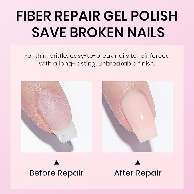 RARJSM Nude Bubble Pink Fiber Glass Rubber Base Gel Nail Polish for Repair Broken Nails StrengthenerGel Base Coat Transparent Brush on Building Gel in a Bottle Soak Off UV LED Curing Requires 15ml