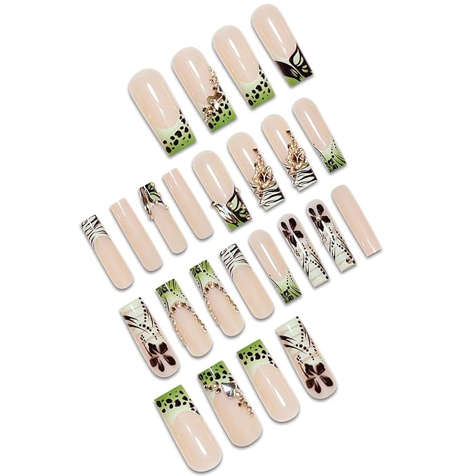 Press on Nails Coffin Long Length Acrylic Glossy Full Cover Square Shaped French False Nails with Designs Artificial Extra Long Fake Nails with Charms Glue ons Fingernails for Women(AS25)