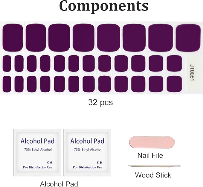 32 Pcs Semi Cured Gel Toe Nail Strips Purple Solid Gel Nail Stickers Full Cover Purple Nails Wraps Self Adhesive Toe Nails Polish Strips Stickers for Women UV/LED Light Required