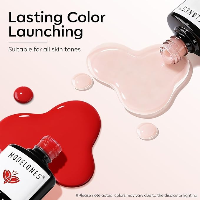 modelones Red Heart Gel Nail Polish, 2Pcs 15ML Red Jelly Nude Spring Gel Polish Set Soak Off Nail Lamp U V LED Cured for Classic French Nail Art Design Valentine's Day Gift for Women