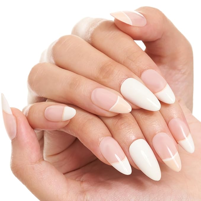 GLAMERMAID Creamy White Press on Nails Medium Almond, Nude Pink Beige Crush Jelly Gel False Nals, French Tip Stiletto Glue on Nails Kit for Women, Short Oval Stick on Acrylic Fake Nails Manicure Set