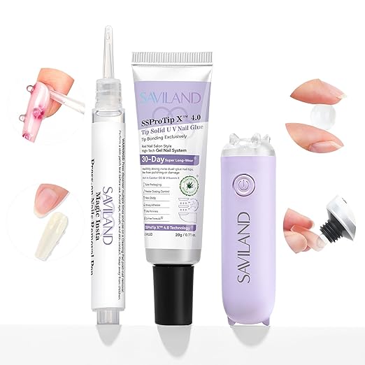 SAVILAND Pro Solid Nail Glue & Remover Kit: 30-Day Solid Adhesive Kit with U V Lamp 20g Gel & 3ml Fast Nail Glue Remover Pen for X Nail Gel Extension System