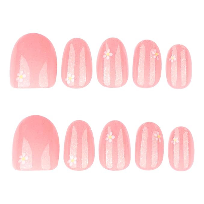 Pink Glitter Press On Nails Almond Squoval, White Flower Pattern Designer Reusable Acrylic Nails Press Ons, Fake Nails With Glue On, Daily Wear Floral False Nails For Women