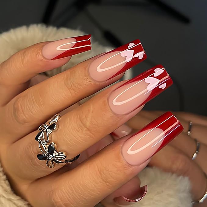 Yivaiks Red French Tip Press on Nails Medium Coffin Valentines Day Fake Nails With Designs Heart Acrylic Nails Press ons Full Cover Artificial Stick on Nails for Women Girls 24pcs
