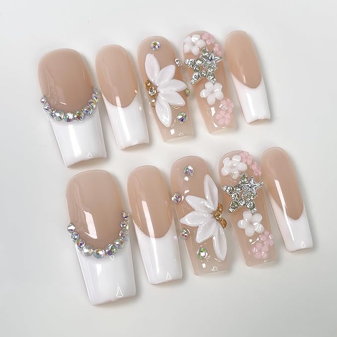 White French Tip Press on Nails Flower Handmade Press on Nails with Rhinestone Designs Long Coffin Shaped Fake Nails Full Cover Thick Acrylic and Muti-Layer Gel Stick on Nails for Women（S)