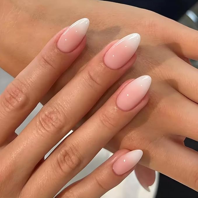 6 Packs (144 Pcs) Press on Nails Medium Almond Fake Nails French Tip False Nails with Designs Leaf Glue on Nail Full Cover Glossy Acrylic Stick on Nail for Women Manicure (Style-16)