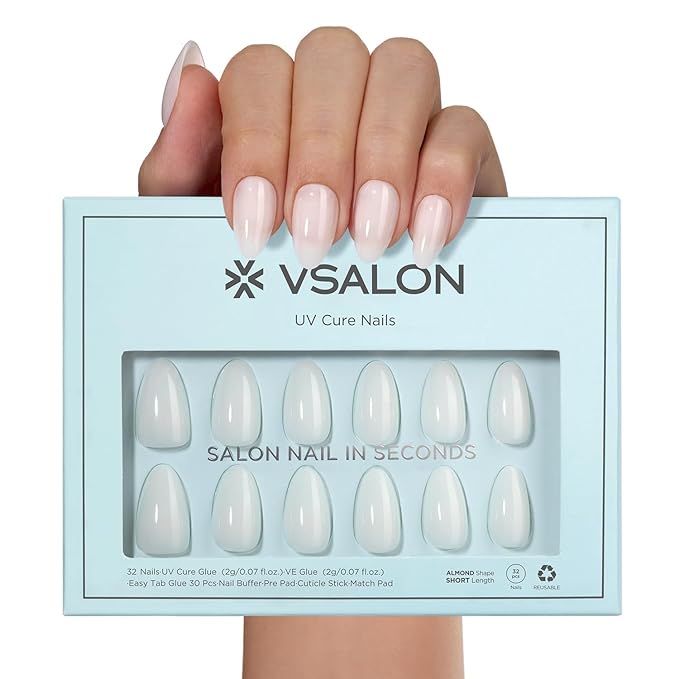 VSALON Almond Short Press On Nails, Milky White Light Curable Sheer Jelly Finish False Nails, Reusable Gel Glue on Nails Kit with Glue - 32 pcs in 16 Sizes