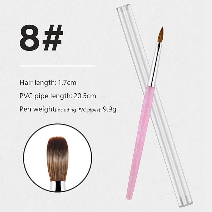Acrylic Nail Brush Size 8#, 100% Pure Kolinsky Hair Acrylic Crystal Pink with Silver Ferrule Round Shaped for Women Girls Manicure Tools Accessories