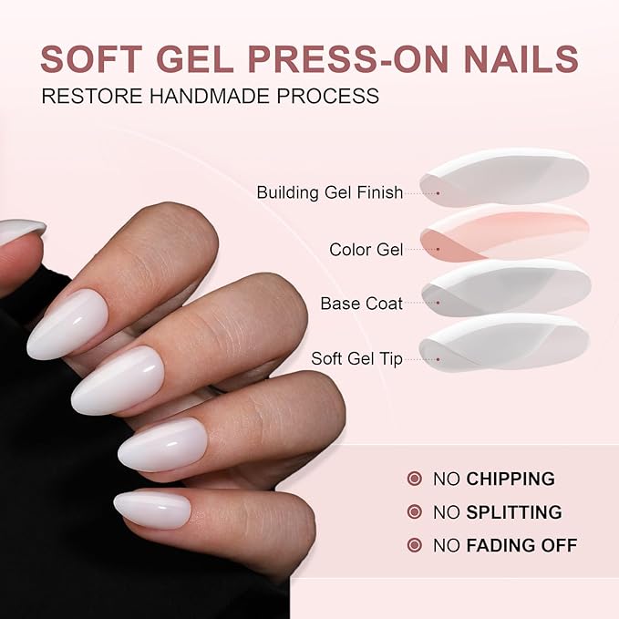 30 Pcs Short Almond Shaped Soft Gel Press on Nails Solid Color Fake Nails Designs Glossy White Acrylic Nails with Glue on Nails Full Cover Salon Quality Thickened False Nails Sets for Women Manicure