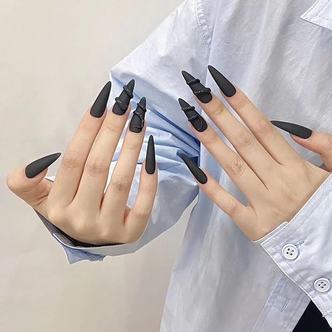 Handmade Press on Nails Stiletto 3D Snake Design in Pure Black: Elegant Matte and Glossy Finish Handmade Stiletto Press on Nails 3D Luxury Press on Nails（L）