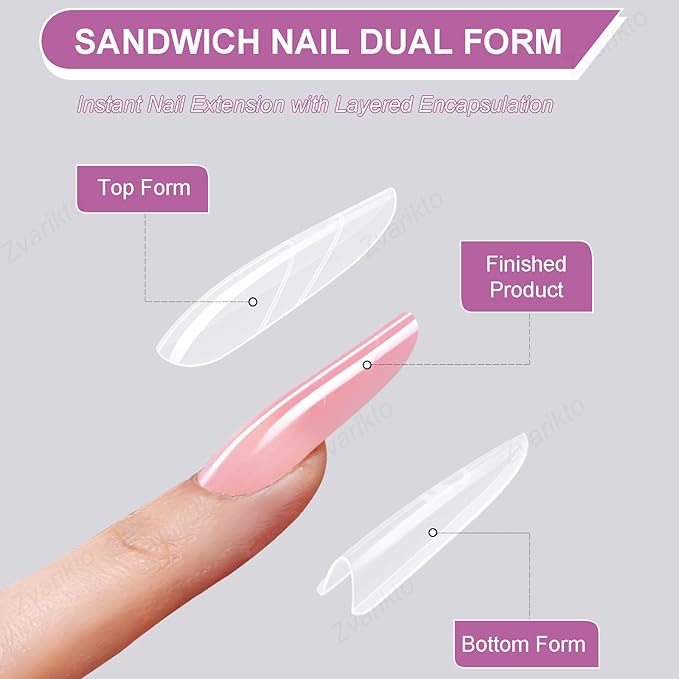 Sandwich Nails Dual Forms 240Pcs Oval Shape, Dual Nail Extension Forms with 15 Sizes, Reusable Plastic Nail Mold for Builder Gel & Poly Gel, No Paper Forms Needed, Salon & Home DIY Nail Art