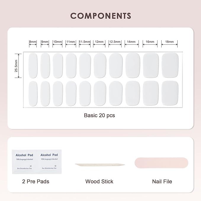 Semi Cured Gel Nail Strips – Real Gel Nail Polish Wraps for Brittle Nails | Waterproof Long Lasting Easy Peel-Off Removal | Hema-Free | 20-Piece Solid White Salon Sticker Kit with UV Lamps