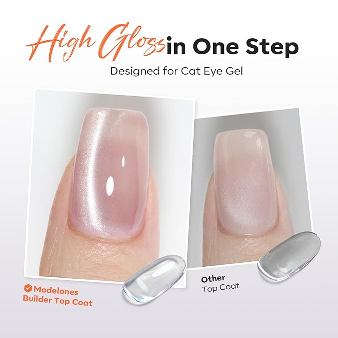 modelones Builder Nail Gel Top Coat 15 ML No Wipe for Cat Eye and Chrome Powder Ultra Gloss Clear Gel Polish Apex Building Nails Strengthener Extension Long Last Soak Off U V Manicure Gift for Women