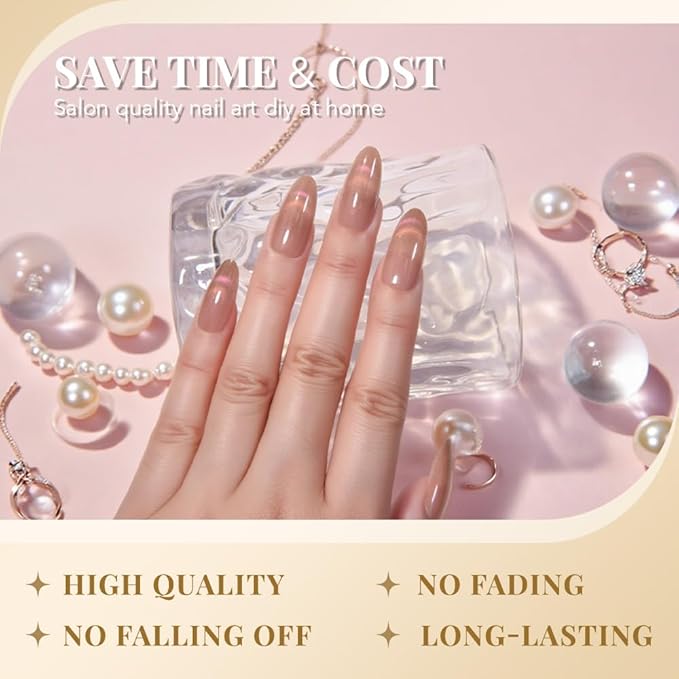 evpct Nude Brown Cat Eye Press on Nails Almond Medium, Medium Almond Stick on Nails for Women Gift, Iridescent Pink Smile Curve Metallic Glitter Reusable Gel Press on Acrylic Fake Nail with Designs