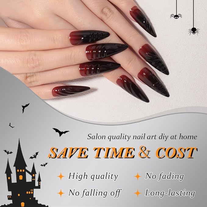 Ombre Red to Black Press on Nails Long Almond, Long Almond Glossy Stick on Nails Press ons for Women with Manicure Kit, Reusable Acrylic Soft Gel Stick on Fake Nail with Ombre Designs Perfectly Fit