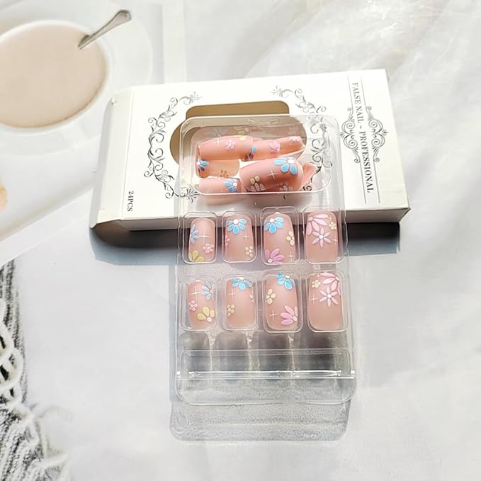 Press on Nails Square Short Pink Fake Nails Short Press ons Nail Tips Artificial Acrylic Kit Full Cover False Nail with Multicolor Flowers Glossy Design Stick on Nails Women 24Pcs