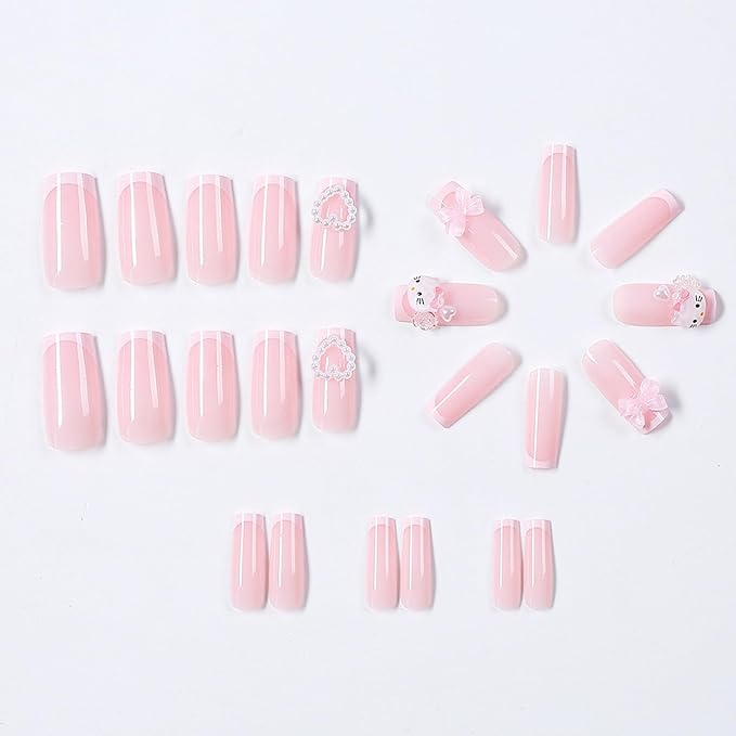 24Pcs French Tip Press on Nails Medium Length Square Fake Nails with 3D Pink Bow Heart Cute Cartoon Design Glossy Full Cover Coffin False Nail with Cute Cat Full Cover Coffin False Nail for Women