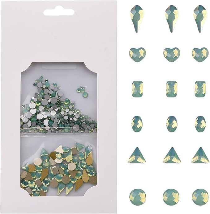 60pcs Mix Shapes Glass Rhinestones Flatback Green Opal Nail Gems 480pcs Round Beads 3D Decoration Crystals for Designs Acrylic Nails Crafts Bulk Pack