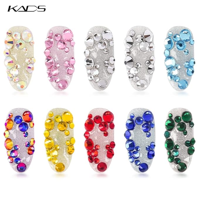 KADS Nail Crystals AB Nail Art Rhinestones 10 Colors Round Beads Flatback Glass Charms Gems Stones 6 Sizes for Nails Decoration Makeup Clothes Shoes (10 Colors+ Tweezer)