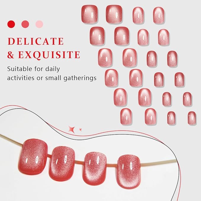 evpct Pink Cat Eye Extra Short Press on Nails Square, Petite Short Square Stick on Nails for Women Gift, Red Nude Pink Metallic Glitter Glossy Reusable Soft Gel Press on Acrylic Fake Nail with Design