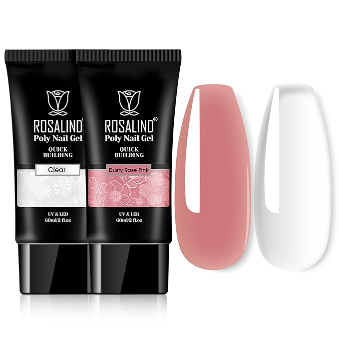 ROSALIND Clear Rose Pink Acrylic Poly Extension Gel, 2 PCS 60ml Clear Rose Poly Nail Gel Set, Builder Pink Gel Nail Thickening Poly Nail Gel Tube Easy to DIY Use Need UV Lamp