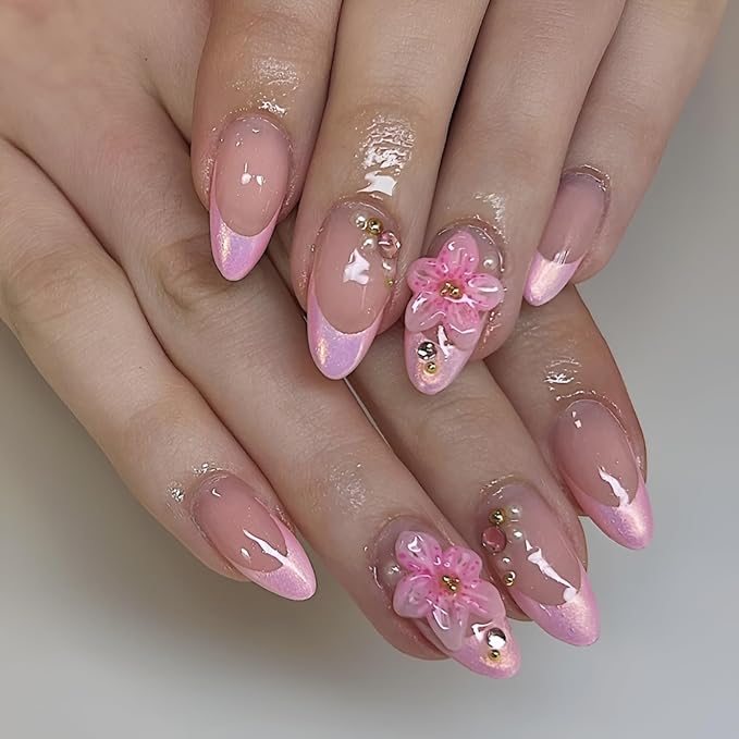 24Pcs French Tip Press on Nails Medium Almond Fake Nails 3D Flower Nails Press Ons Pink Glitter False Nails Glossy Glue on Nail with Pearl Design Acrylic Stick on Nail for Women Decorations set