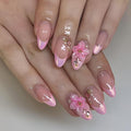 24Pcs French Tip Press on Nails Medium Almond Fake Nails 3D Flower Nails Press Ons Pink Glitter False Nails Glossy Glue on Nail with Pearl Design Acrylic Stick on Nail for Women Decorations set