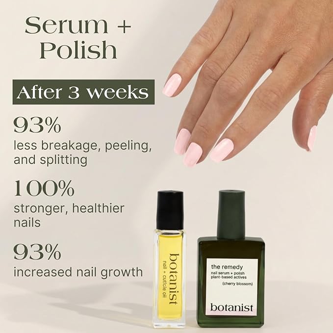 Botanist Nail Rescue Kit | Strengthening Polish + Growth Serum | Grow and Strengthen Nails Damaged from Acrylics, Dip, and Gel Manicures | Non-Toxic, 84% Plant Based, 21-Free & Vegan (Cherry Blossom)