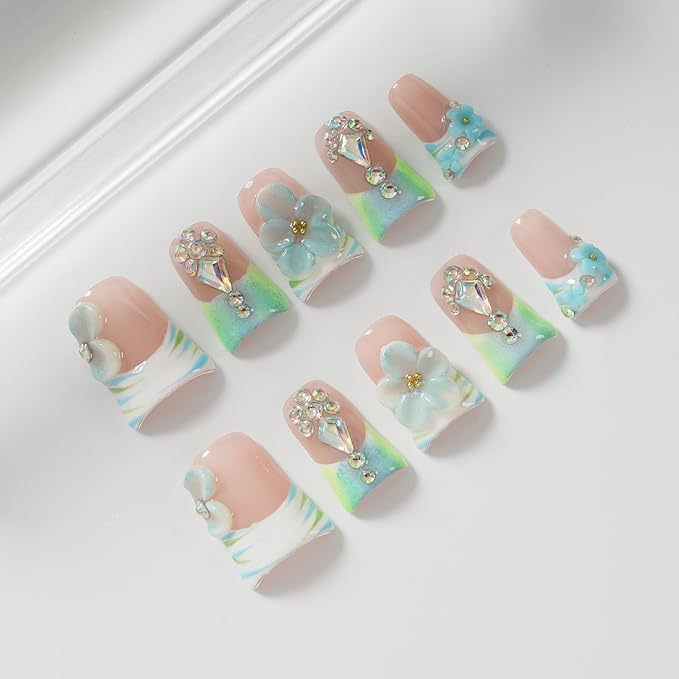 Press On Nails Handmade Short Duck Luxury Nails, Mint Green Ombre French with 3D Floral Charms, Bling Crystal False Nails, Glossy Art Designs Reusable Acrylic (Misty Blue Floral Glitz,L)