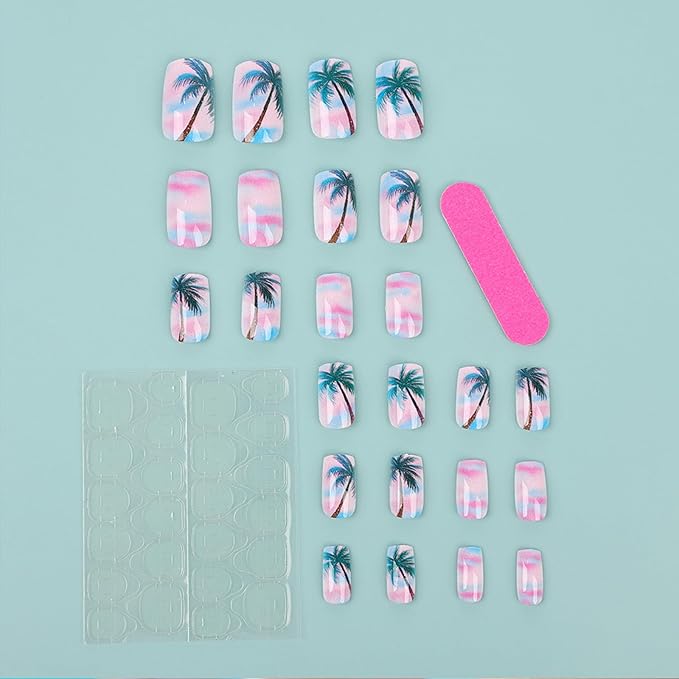 Medium Press on Nails Square Fake Nails with Design Palm Tree Glue on Nails Blue Pink Gradient Acrylic Nails Summer False Nails Reusable Artificial Nails Glossy Stick on Nails for Women Girls