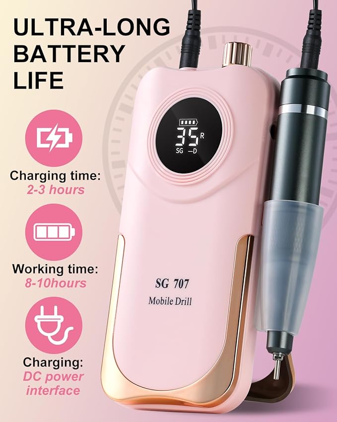 Professional Electric Nail Drill Kit 35000RPM with 14PCS Bits Pink Portable Rechargeable Cordless File Machine for Acrylic Gel Powder Nails and Manicure Pedicure Toenail Tool Salon Set