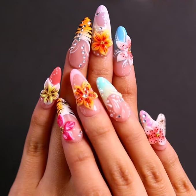 Press On Nails, 10 Pcs Handmade French Stiletto Fake Nails, Reusable Artificial Unique 3D False Nails for Women 3D Acrylic Nails Kit (Size L)