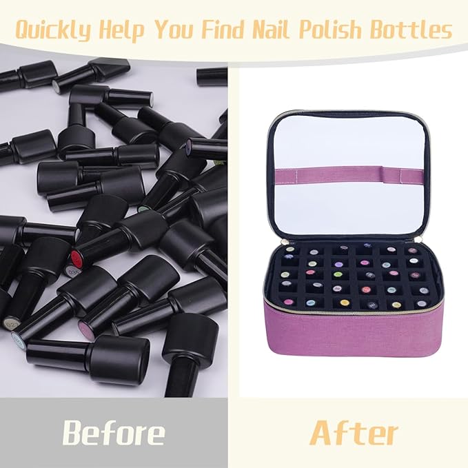 Small Clear Nail Polish Case Holds 30 bottles(15ml-0.5fl.oz) Nail Polish Organizer Multifunctional Nail Polish Bag organizer, Cosmetic Travel Makeup Cases for Women, Purple