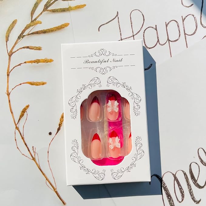 French Tip Press on Nails Medium Almond Fake Nails with Bow Charms Glue on Nails Red French Tips Nails Acrylic Press ons Stiletto Artificial Nails Cute Bow False Nails for Women Manicure Design 24 Pcs