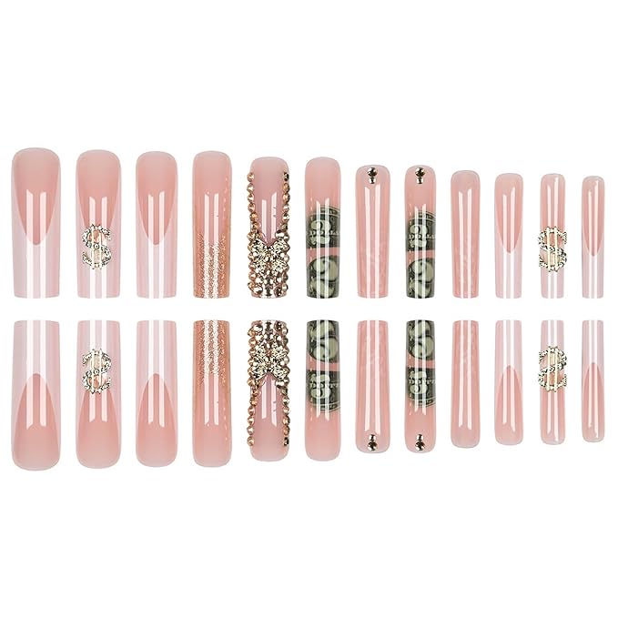 Extra Long Press on Nails Square Fake Nails French Tip False Nails with Gold Charms Designs Long Nails Press ons Sparkly Artificial Glossy Glue on Nail Cute Stick on Nail for Women 24Pcs