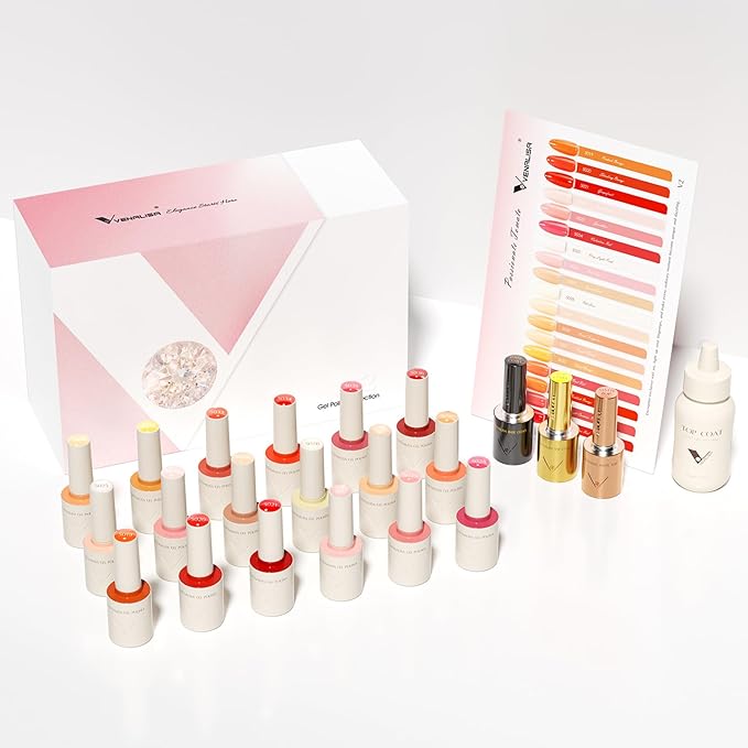 VENALISA V2 Gel Nail Polish Kit of 22 Pcs With Color Display Card Orange Red Gel Polish Set Soak Off Salon Nail Art DIY at Home Manicure