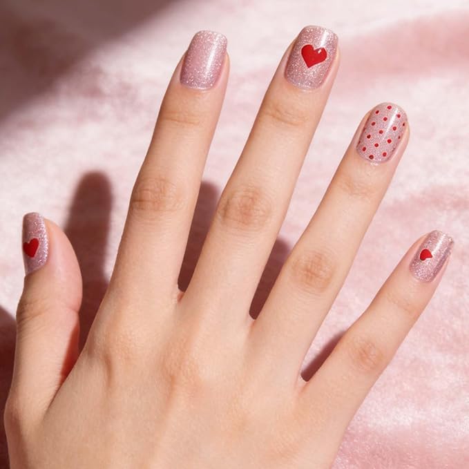 Semi Cured Gel Nail Strips - Red Hearts & Polka Dots with Pink Shimmering Base, At Home Nail Art, Romantic DIY Manicure Kit, Salon Quality Gel Nails