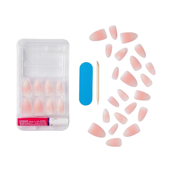 KISS Voguish Fantasy Holiday Press On Nails Almond, ‘Sleigh All’, Nude, Medium Length, No Damage To Natural Nails, Pink Gel Nail Glue (2g), Mini Nail File, Manicure Stick, & 28 Fake Nails