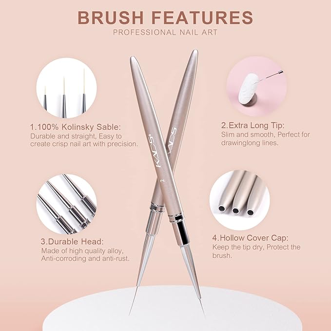KADS Nail Art Liner Brushes Kolinsky Nail Art Brush Liner Brush UV Gel Polish Painting Nail Design Brush Metal Handle Nail Drawing Pens 8/15/20mm (8mm+15mm+20mm)