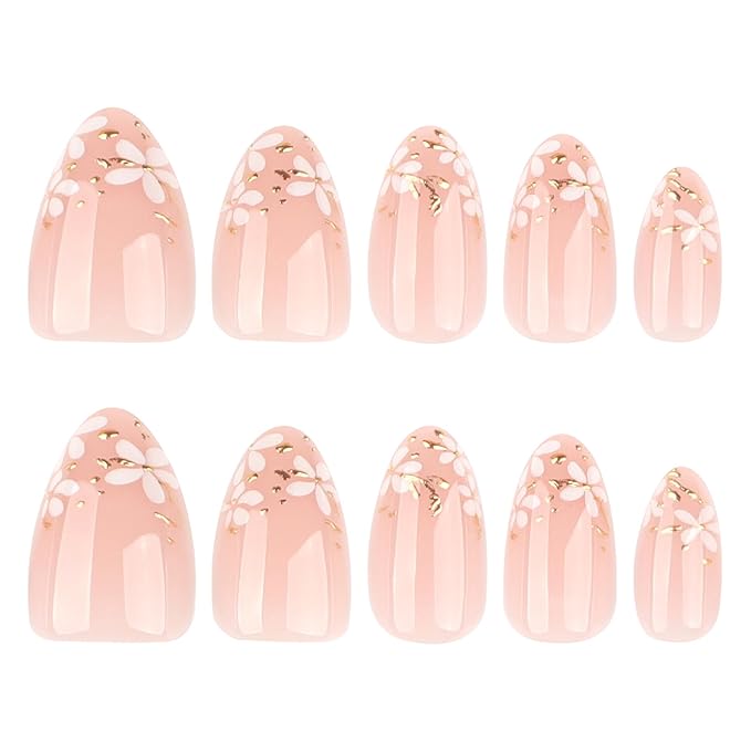 evpct 3D Nude Pink Press on Nails Short Almond with Gold White Flower Design, Short Almond Stick on Nails for Women Gift with Kit, Reusable Soft Gel Acrylic Press on Fake Nail with Floral Design