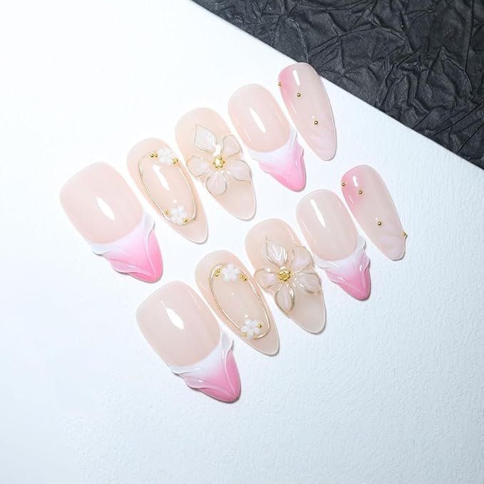 10 Medium Almond Handmade Press On Nails | Romantic Nude Pink Gradient French Tip Fake Nails with 3D Floral, Gold Line & Dot Accents | Easy Apply & Remove, Reusable Salon Quality Nails(5U12, S)