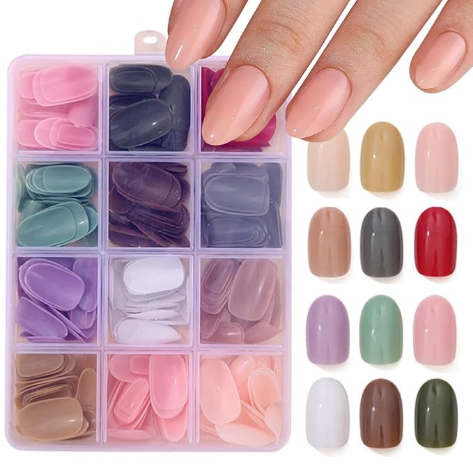 288 Pcs Press On Nails Short Almond Fake Nails Press Ons Set Full Cover Acrylic Glue on Nails Reusable Glossy Artificial Nail Kit Oval False Nails for Women Girls Manicure 12 Color