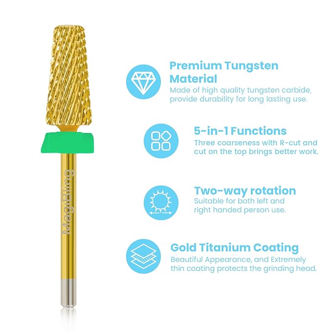 6.6mm Large Tapered Barrel 5-in-1 Nail Drill Bit, 3/32" Cross-Cut Safety Tungsten Carbide Efile Bit for Fast Gel & Acrylic Removal, Two-Way Rotation, Nail Tech & Beginner Bit, Titanium, Coarse