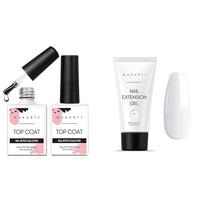 Makartt Poly Nail Gel 50ML White with Gel Top Coat Kit Bundle, Gel Builder for Nails Spring Summer Nail Extension Gel, Soak off UV LED Gel Nail Polish Top Coat