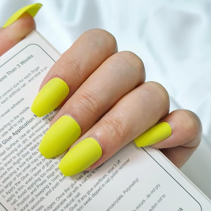Neon Yellow Matte Press On Nails, Long Coffin Fake Nails 24pcs Easy Application Manicure Set for Work, Party & Daily Use, Perfect for Women and Students