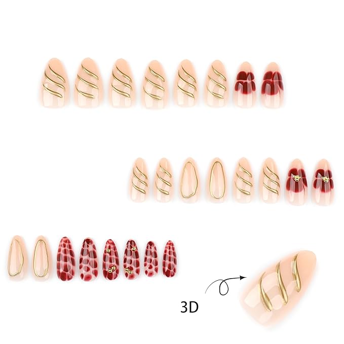 Almond Press on Nails - Medium Fake Nails with Flower Gold Line Design - Ombre False Nails Press ons - for Women Manicure 24 Pcs