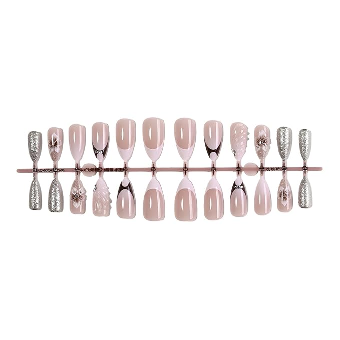 Flower Press on Nails Medium Almond Fake Nails French Tip False Nails Glossy Nails Press Ons with Rhinestones Design Silver Glitter Glue on Nail DIY Acrylic Stick on Nail for Women Decorations 24Pcs