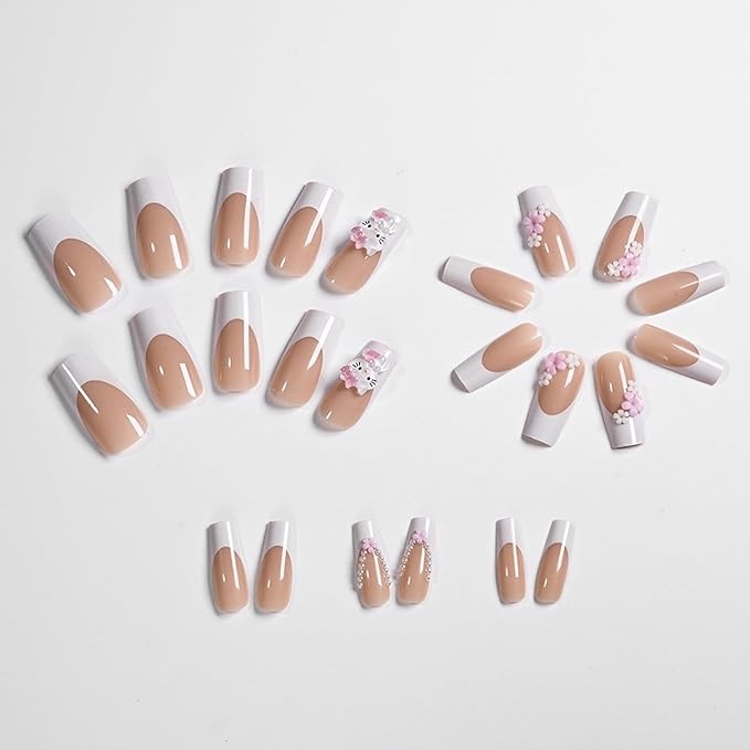 24Pcs Cartoon Press on Nails, Cute Fake Nails Medium Length with Pearl and Flower Designs Cute Cat Full Cover Coffin False Nail Stick on Nails White French Tip Press on Fingernails for Women